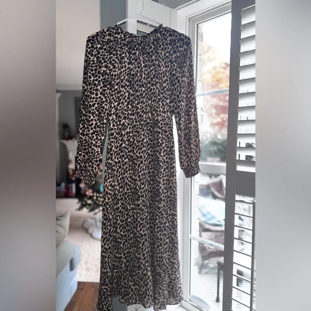 J.‎ Crew Women's Leopard Print Ruffle Neck Midi Dress Size 0 Brown